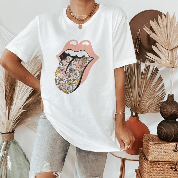 Women's Pink Floral Tongue Vintage Distressed Graphic Tee - Picture 4 of 10